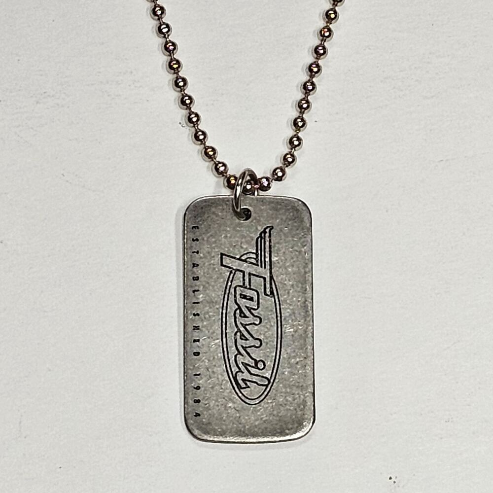 Fossil Established 1984 Dog Tag Necklace Silvertone Bead Ball Chain 25in